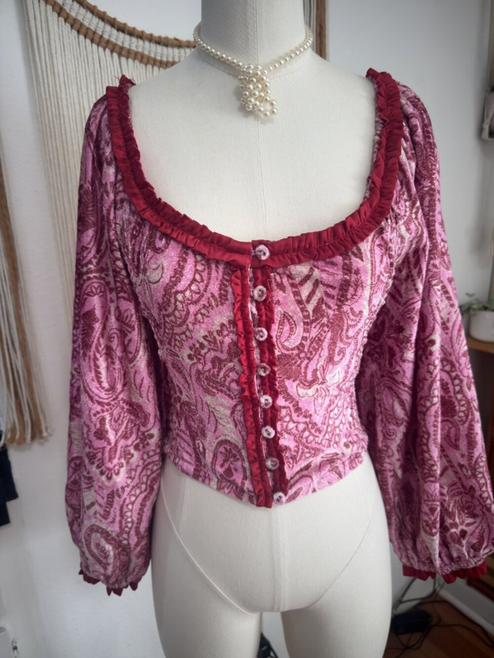 NWT Free People Velvet Paisley Smocked Top Balloon Sleeve Pink Red Boho Size S